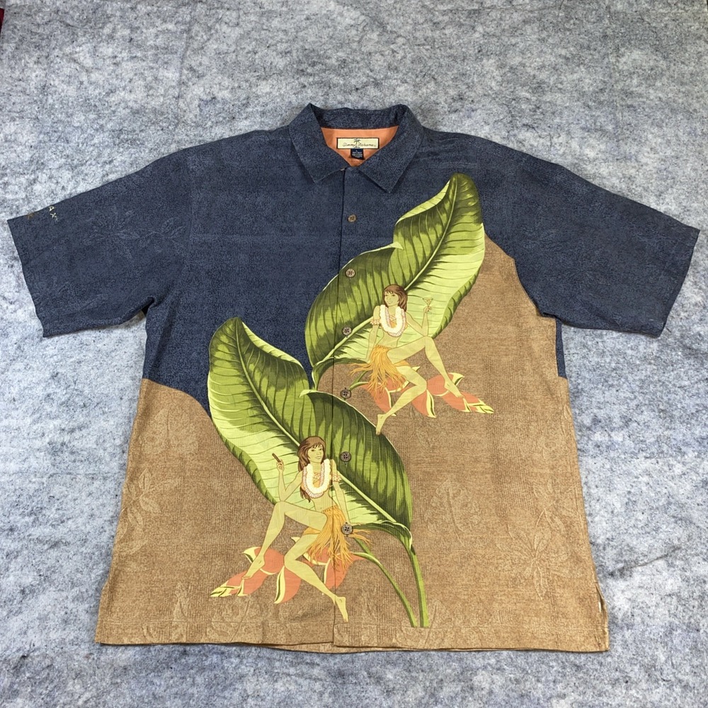 Rare Tommy Bahama‎ AOP 100% Silk Camp Shirt Size L Bold Print Hula Girls Smoking